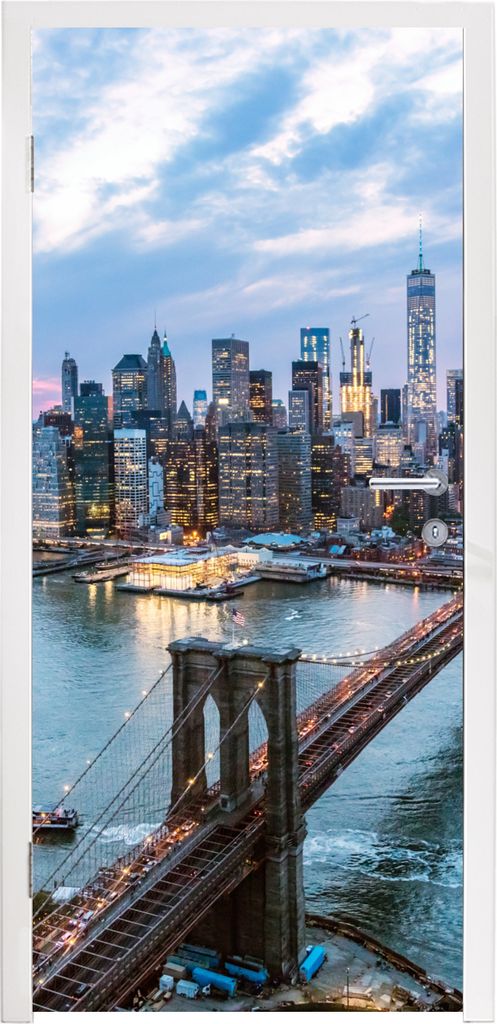 MuchoWow Türtapete Selbstklebende Türfolie New York - Brooklyn Bridge - Boot 80x215 cm Türposter Türaufkleber Klebefolie Türklebefolie - Sel...