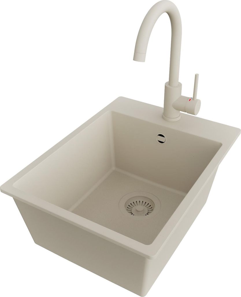 PRIMAGRAN Granitspüle Beige 38x50cm, Spülbecken 1 Becken + Küchenarmatur 32x20cm + Ablauf-Set, Küchenspüle ab 40er Unterschrank - Riga