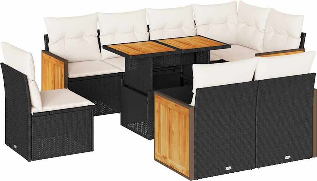 vidaXL 9-tlg. Garten-Sofagarnitur mit Kissen Schwarz Poly Rattan