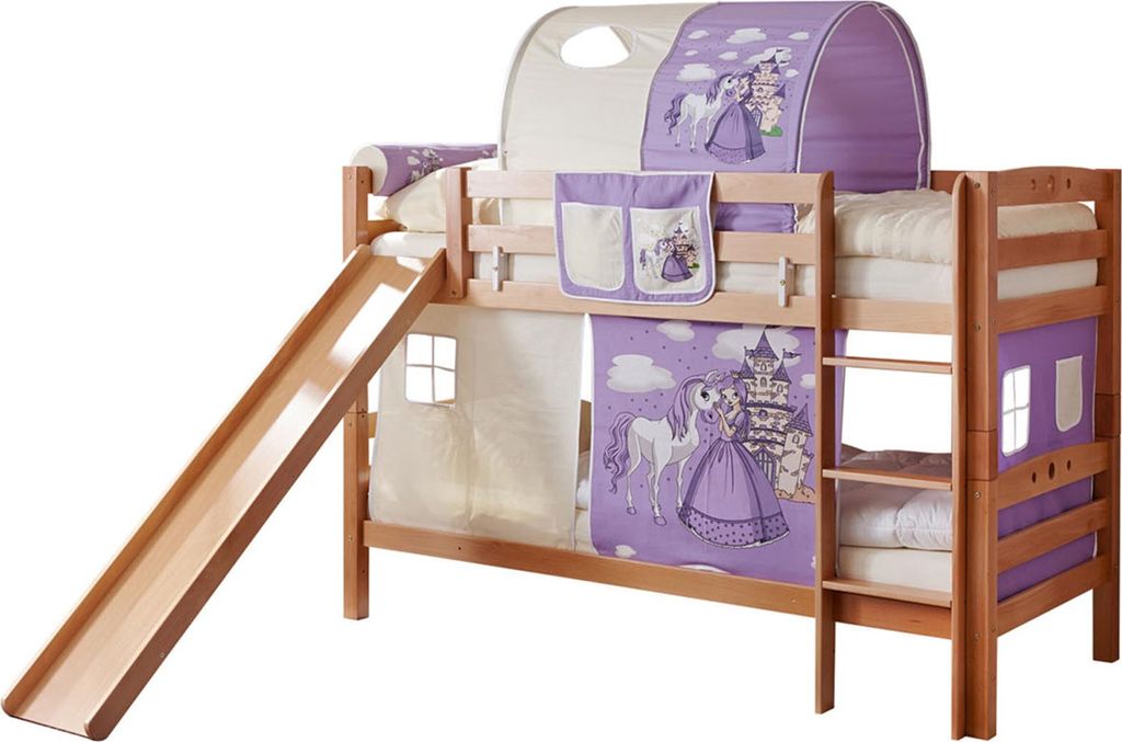 Etagenbett mit Rutsche Doppelbett Buche massiv Natur, Vorhangstoff:Horse Lila
