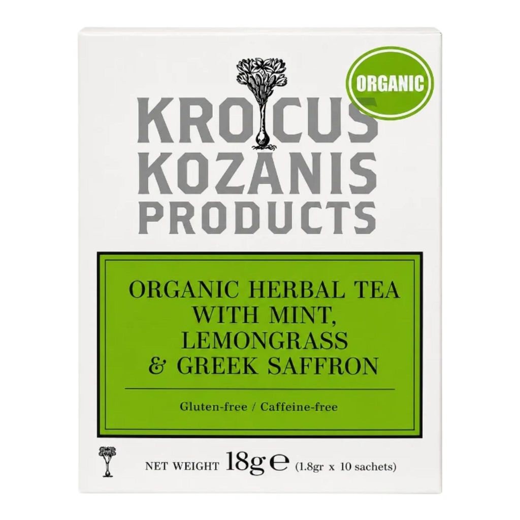Krocus Kozanis Bio Kräutertee Minze Zitronengras Safran 18 g Packung auf Weiß