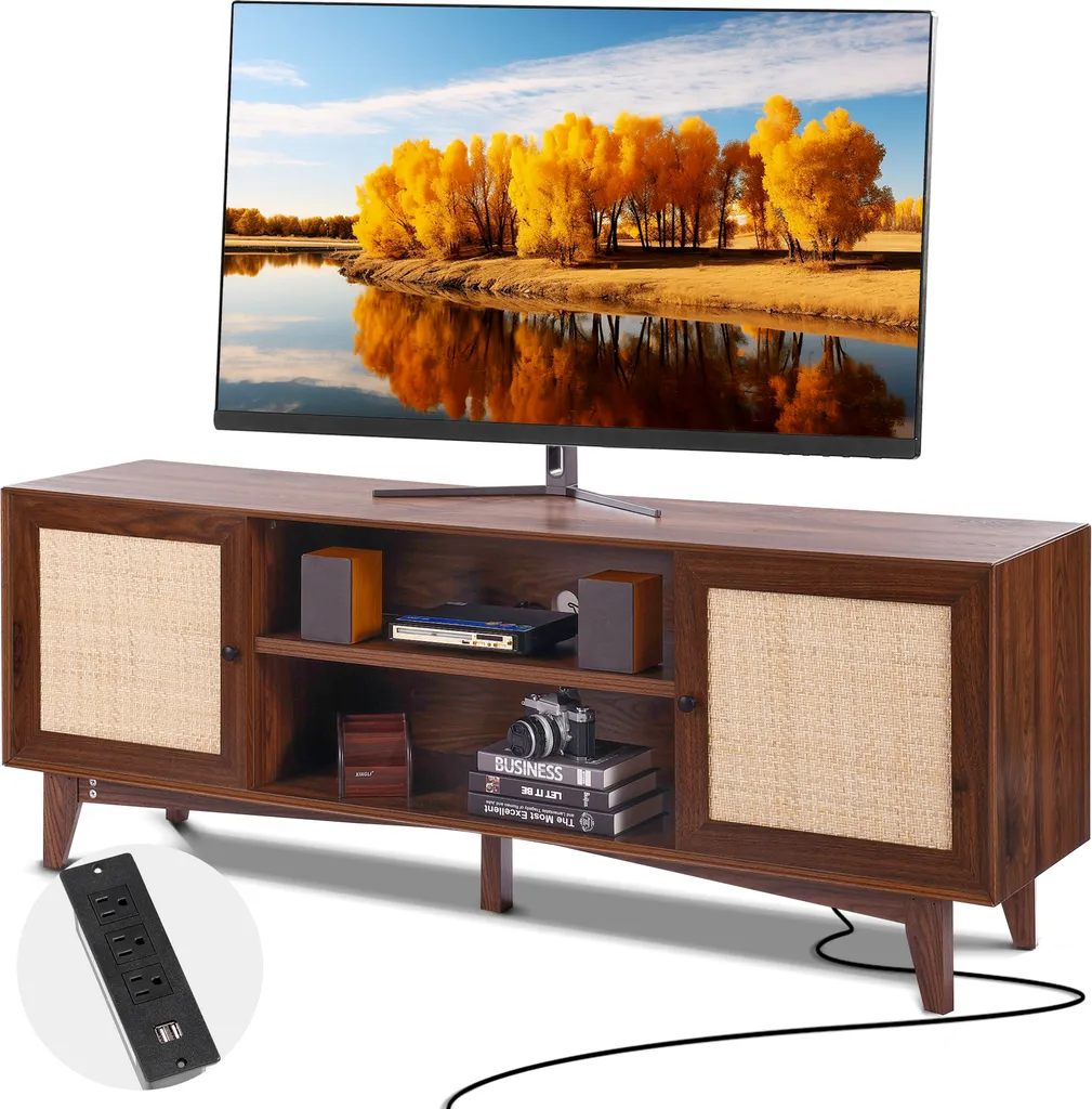 Meuble TV 191cm en Noyer avec Portes en Rotin - Design Bohème et Moderne