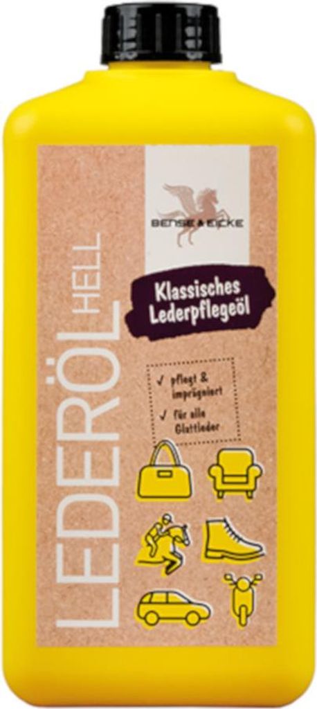 A yellow bottle of leather care oil with a label showing product information and illustrations.