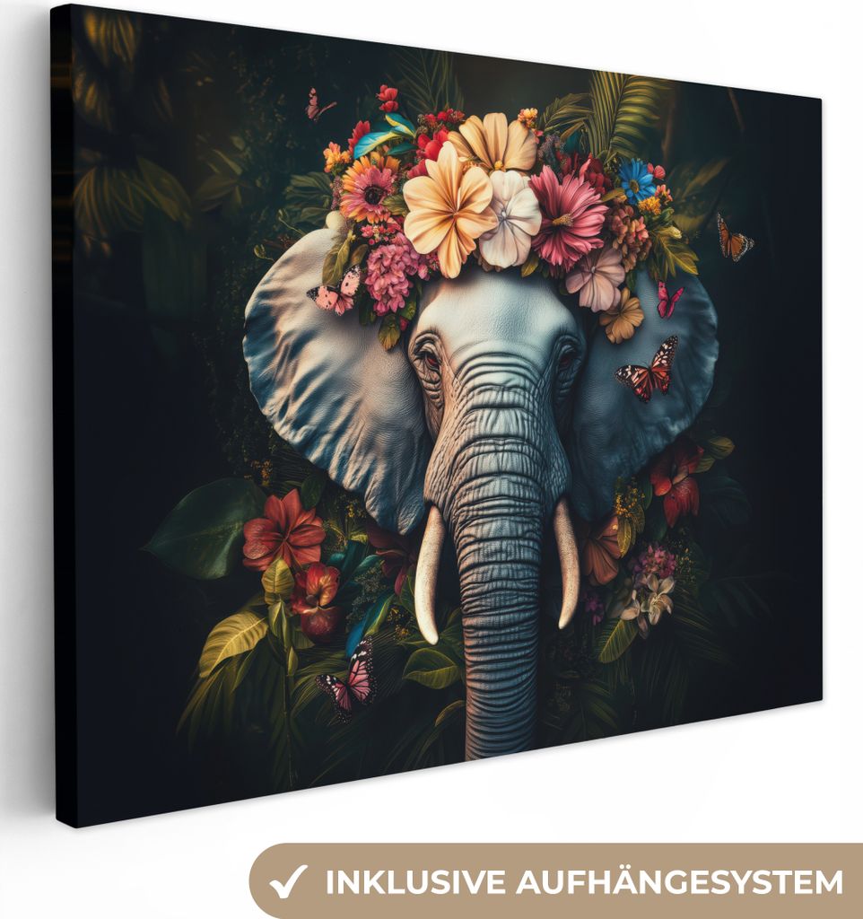 Leinwandbilder 80x60 cm - Tiere, Blumen - Elefant, Bilder Wohnzimmer Modern, Wanddeko
