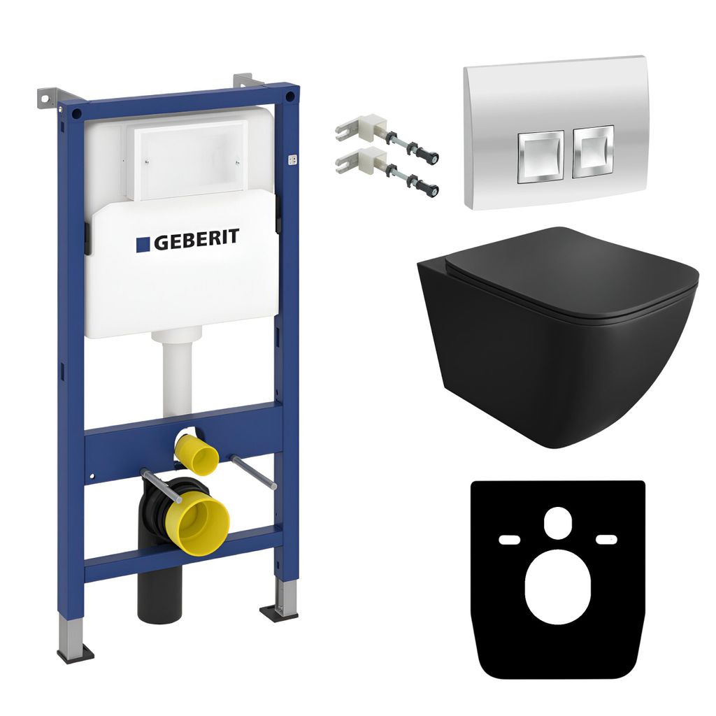 DOMINO Geberit Duofix Basic Vorwandelement + Wand-WC Tiefspül Onil Becken Schwarz Spülrandlos + Sliber Bedienplatte Delta 25 für Doppelspülung ...
