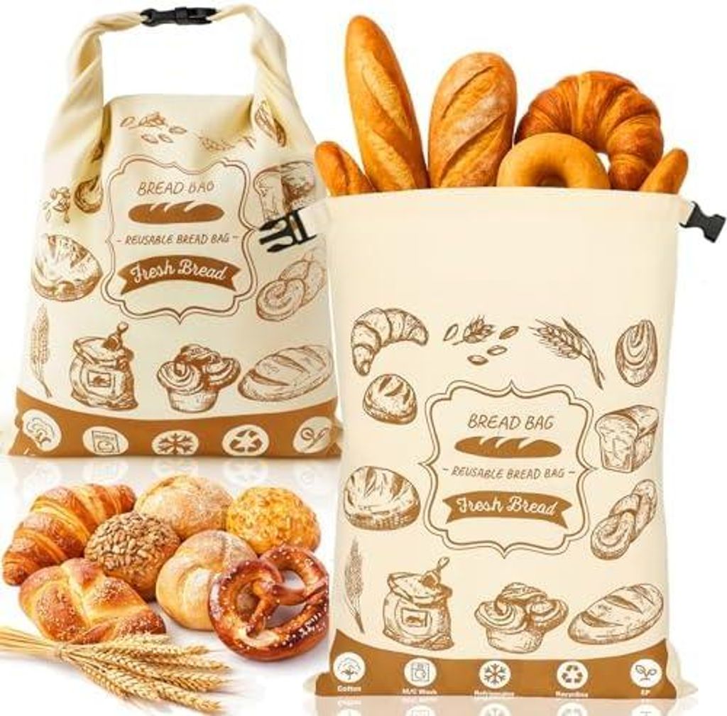 1 Stück Wiederverwendbare Brotbeutel, 40x31.5cm Baumwoll Brottasche mit TPU-Innenschicht, Brottüten Frischhalten für Selbstgemachtes Brot, tragb...