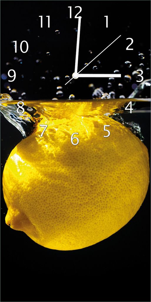 Wallario Design Wanduhr bedruckt, Größe 30 x 60 cm, Motiv: Zitrone im Wasser - Frisches Obst für die Küche