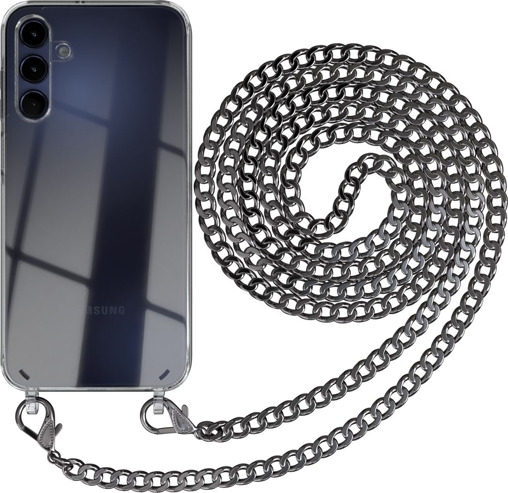 EAZY CASE Metall Handykette für Samsung Galaxy A15, Handyhülle mit Umhängeband, Silikonhülle, Metallkette für Smartphone in Grau