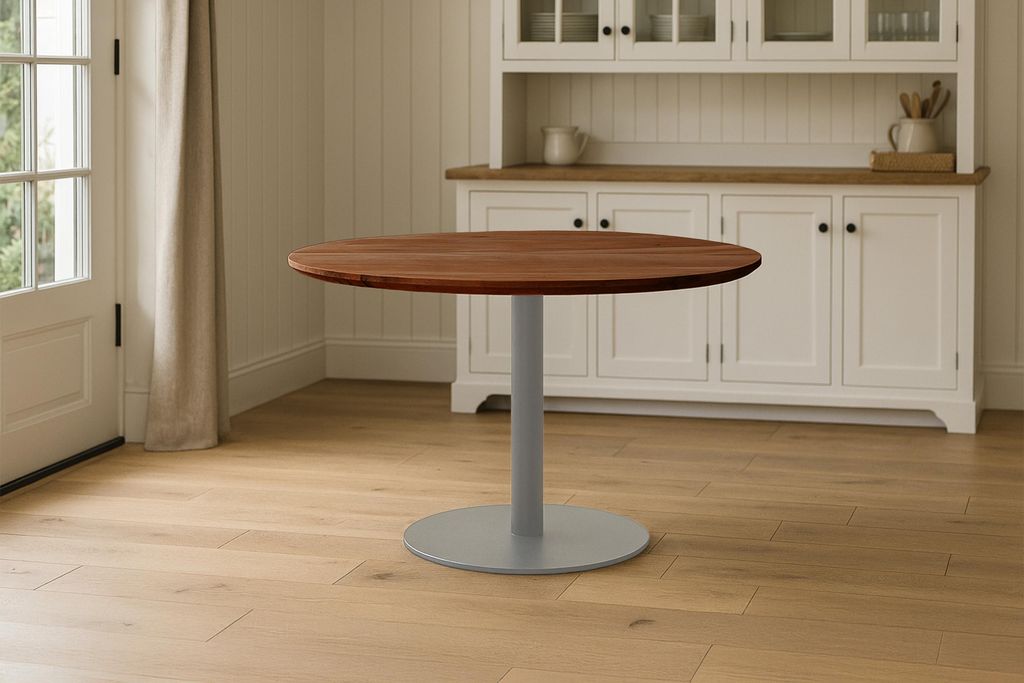 Bistrotisch rund mit Schweizer Kante Akazienholz nussbaum massiv 110 cm Säulengestell silber BRASILIAN