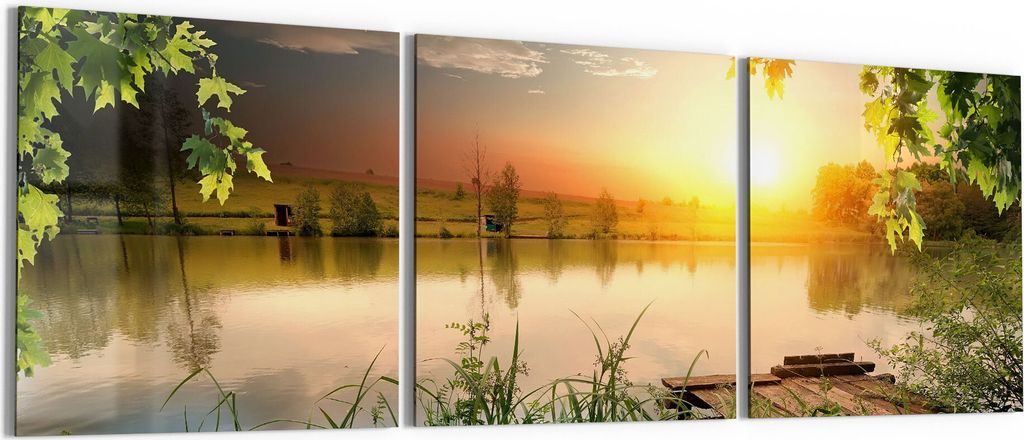DEQORI Glasbild Echtglas 3x50x50 cm 'Ruhender See am Abend' Wandbilder XXL groß