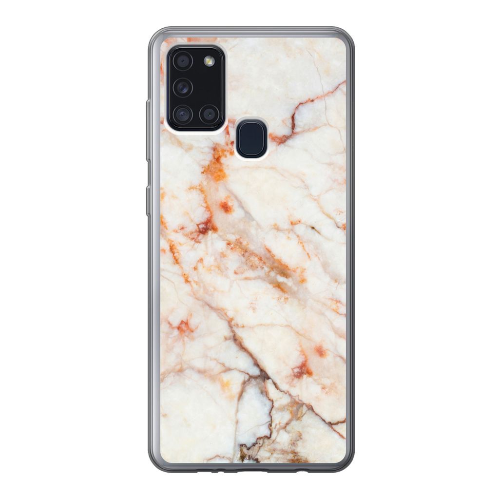 MuchoWow Handyhülle Schutzhülle Hülle für Samsung Galaxy A21s Marmor - Orange - Stein Silikon Softcase Handy Hülle - Hartschale
