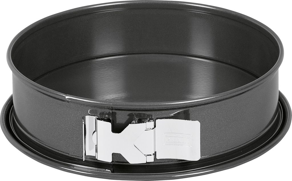 A round springform cake pan with a removable bottom and a latch mechanism.