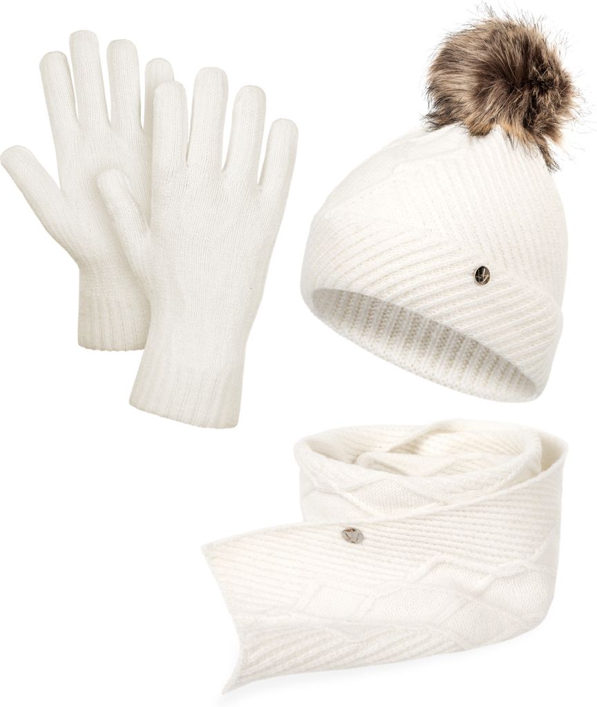 Damen Mütze Schal Handschuhe Set, HEYO Winter-Accessoires, Wintermütze Strickschal, Strickmütze mit Bommel, Bommelmütze HZ0012 Ecru