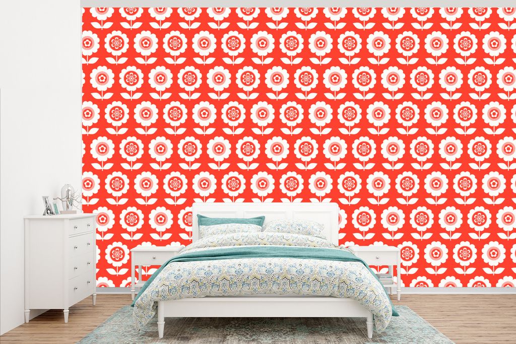 MuchoWow Fototapete für Wohnzimmer oder Schlafzimmer Wandtapete Vinyl Motivtapete Blumen - Muster - Rot - 405x260 cm - Die Küche
