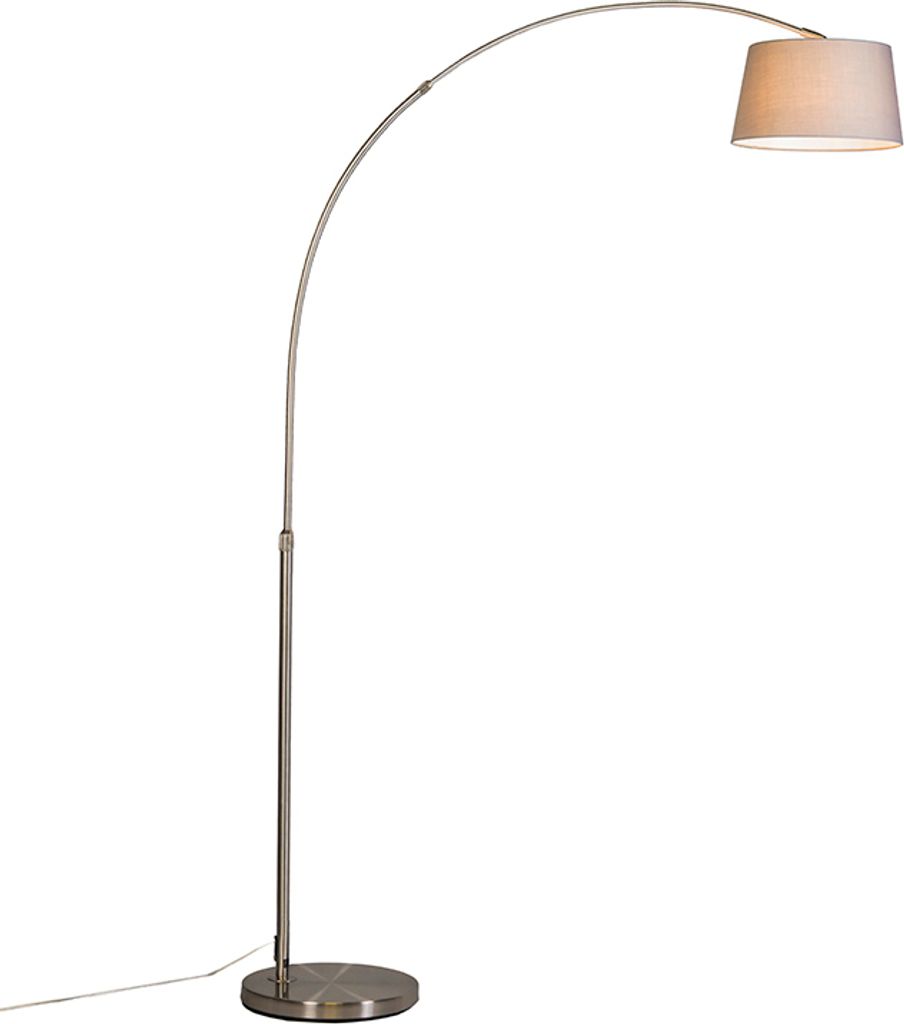 QAZQA - Moderne Bogenlampe Stahl I Silber I nickel matt mit grauem Stoffschirm - Arc Basic I Wohnzimmer - Stahl Länglich - LED geeignet E27