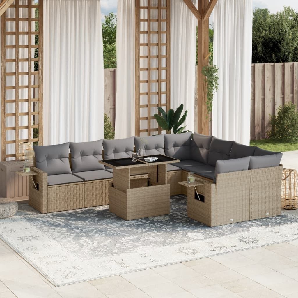 Möbel 10-tlg. Garten-Sofagarnitur mit Kissen Beige Poly Rattan - Sitzgruppe 3268129