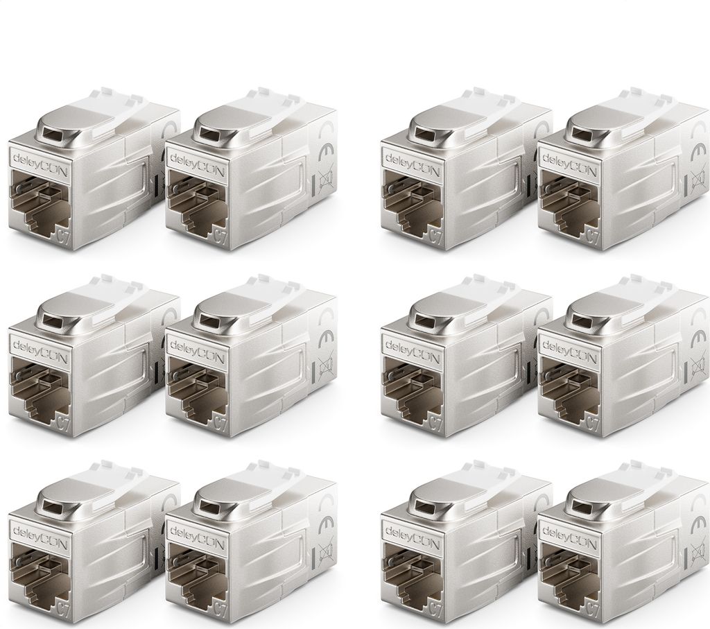 deleyCON 12 Stück CAT 7 Kupplung Keystone Metall 2x RJ45 Buchse Verbinder für RJ45 Patchkabel 600 MHz 10 Gbps LAN DSL Ethernet und Nutzbar als Ke...