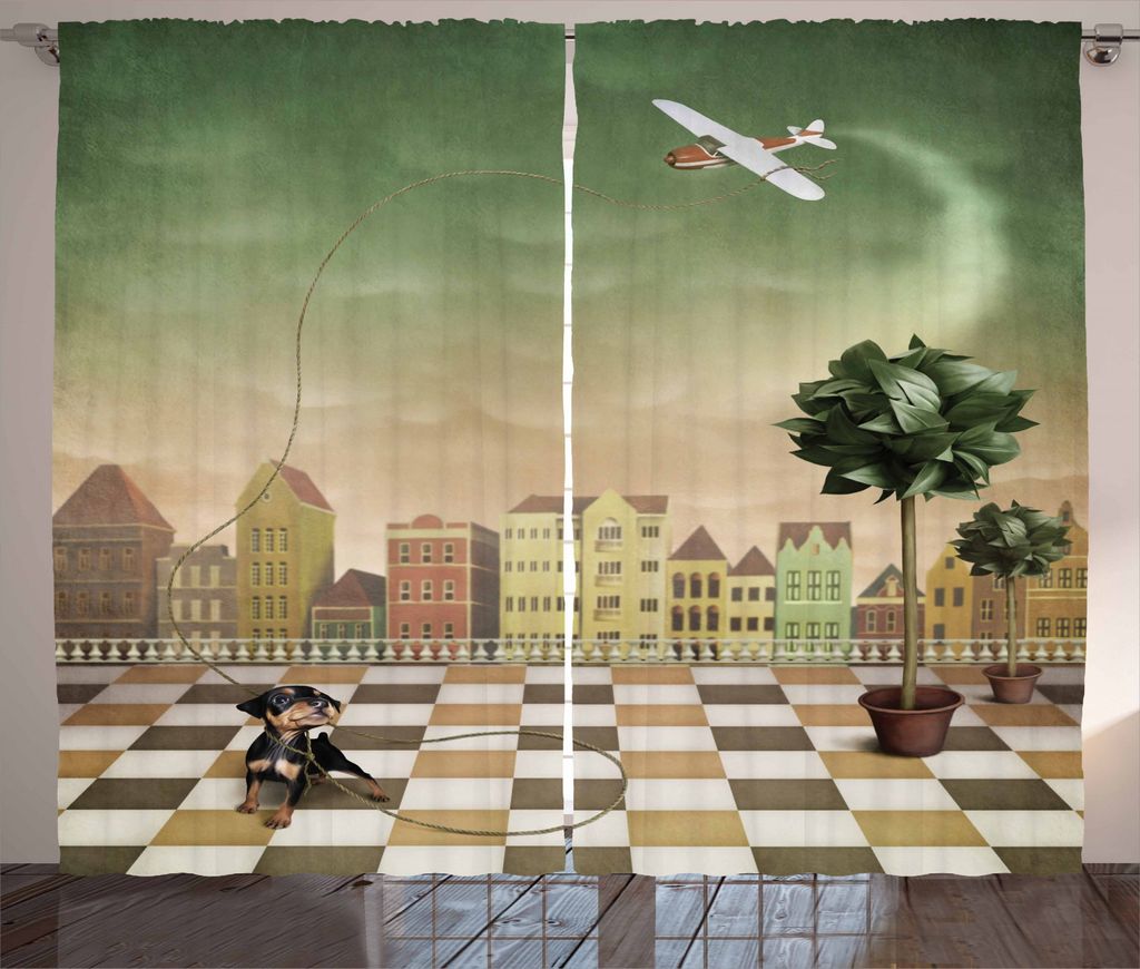 ABAKUHAUS Wandgemälde Rustikaler Vorhang, Puppynd Spielzeug Flugzeug, Wohnzimmer Universalband Gardinen mit Schlaufen und Haken, 280 x 245 cm, Meh...
