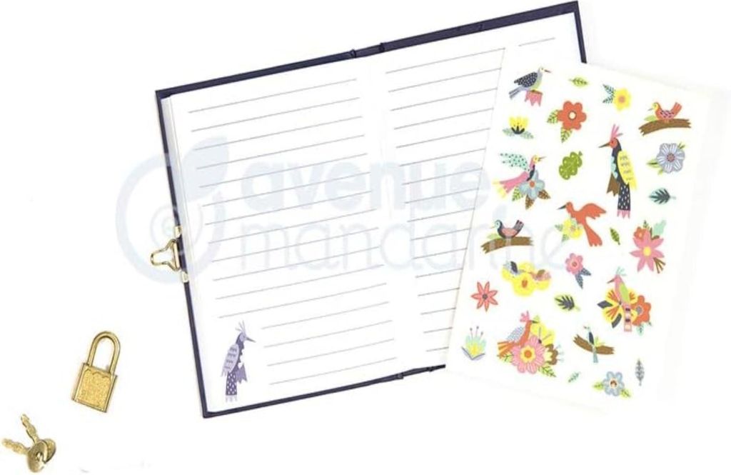 MY MANDARINE CO205C - Tagebuch Bullet journal 120 Blatt liniert, 11x14 cm, mit Vorhängeschloss und 2 Schlüsseln, Vögel und Blumen, 1 Stück