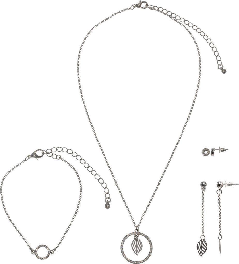 Steuer Modeschmuck Set Kette Armband Ohrringe Metall 51cm silber Glasstein weiß 445000076