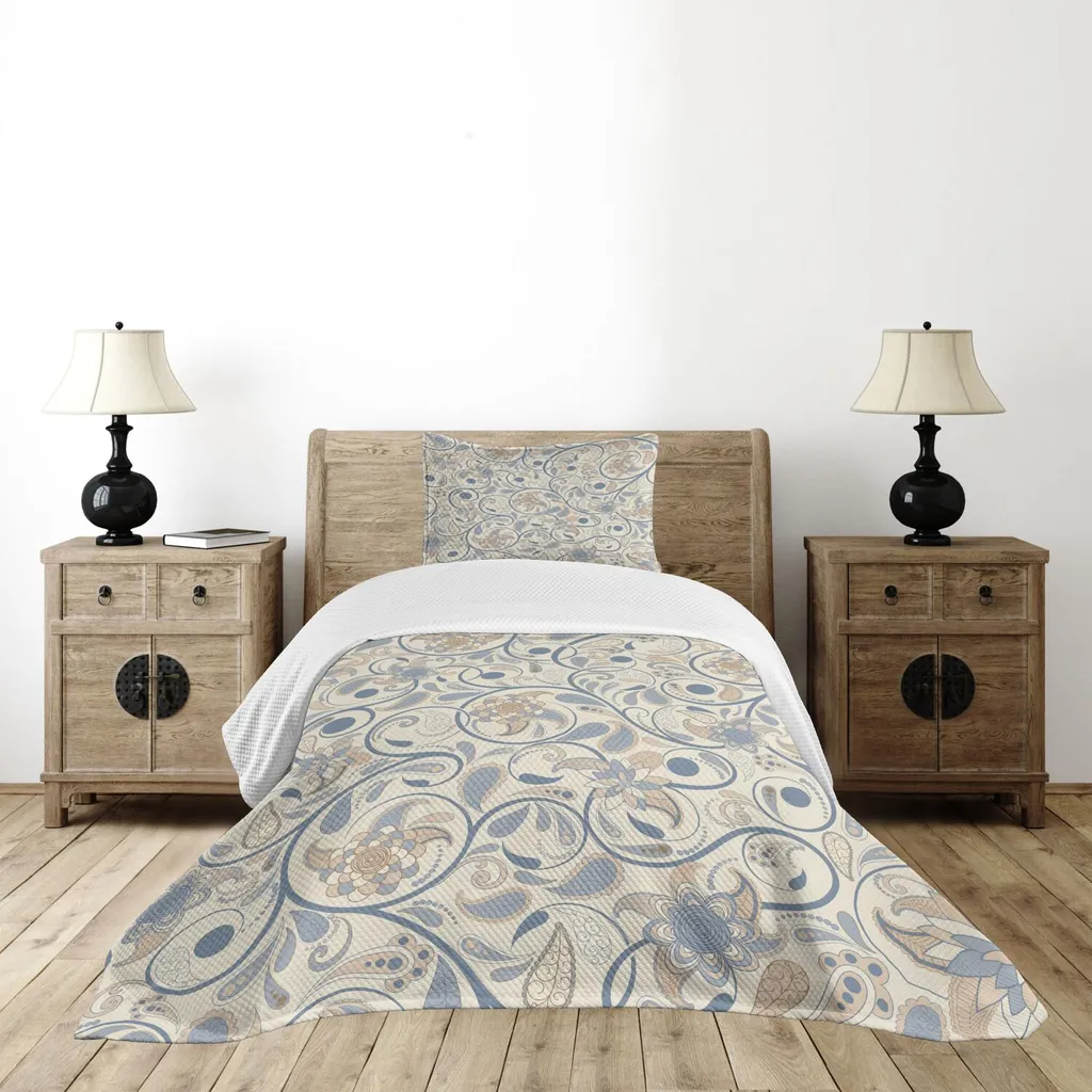 Copriletto Estetico 170x220 ABAKUHAUS | Texture Floreale Beige e Blu
