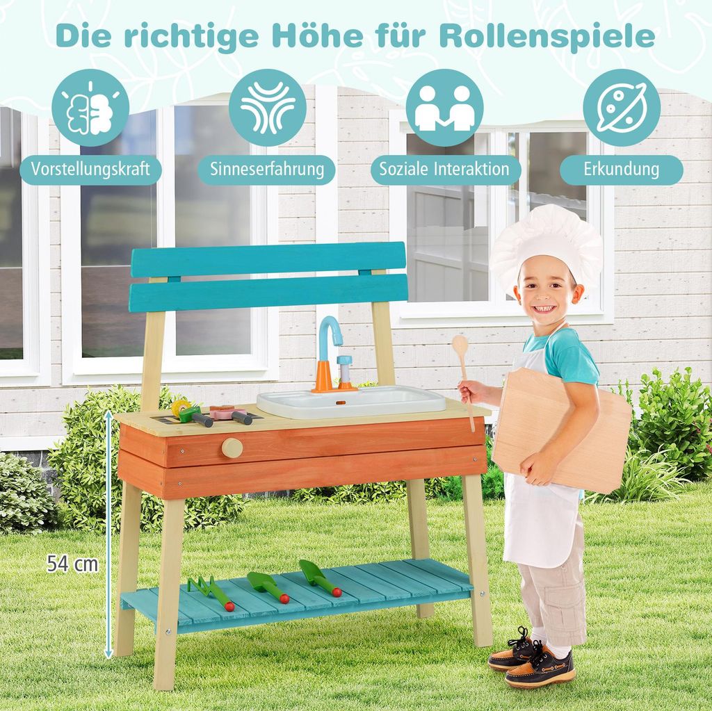 COSTWAY Matschküche Aus Holz – Outdoorküche Mit Herd, Spüle, Tafel & Zubehör Für Kinder Ab 3 Jahren