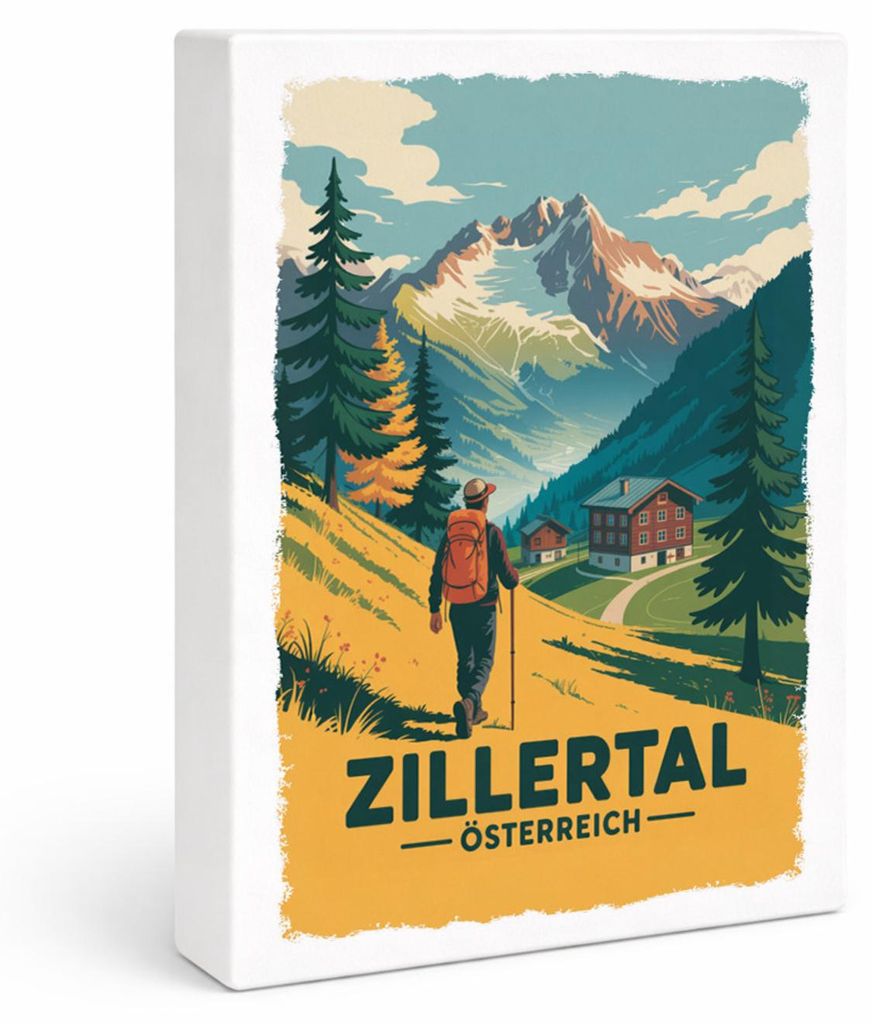 Vintage Zillertal Holzbild in 28x21 cm zum Stellen oder Aufhängen mit Wanderer