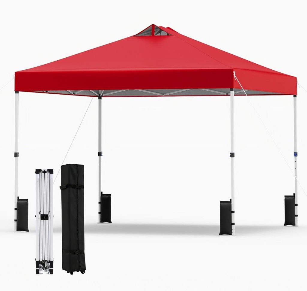 3 x 3 m roter Faltpavillon mit Sandsäcken und Heringen