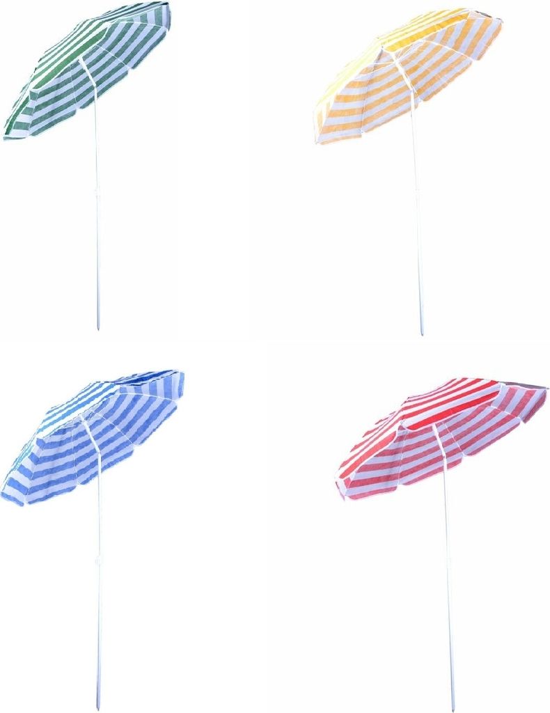 Four striped beach umbrellas are shown against a white background.