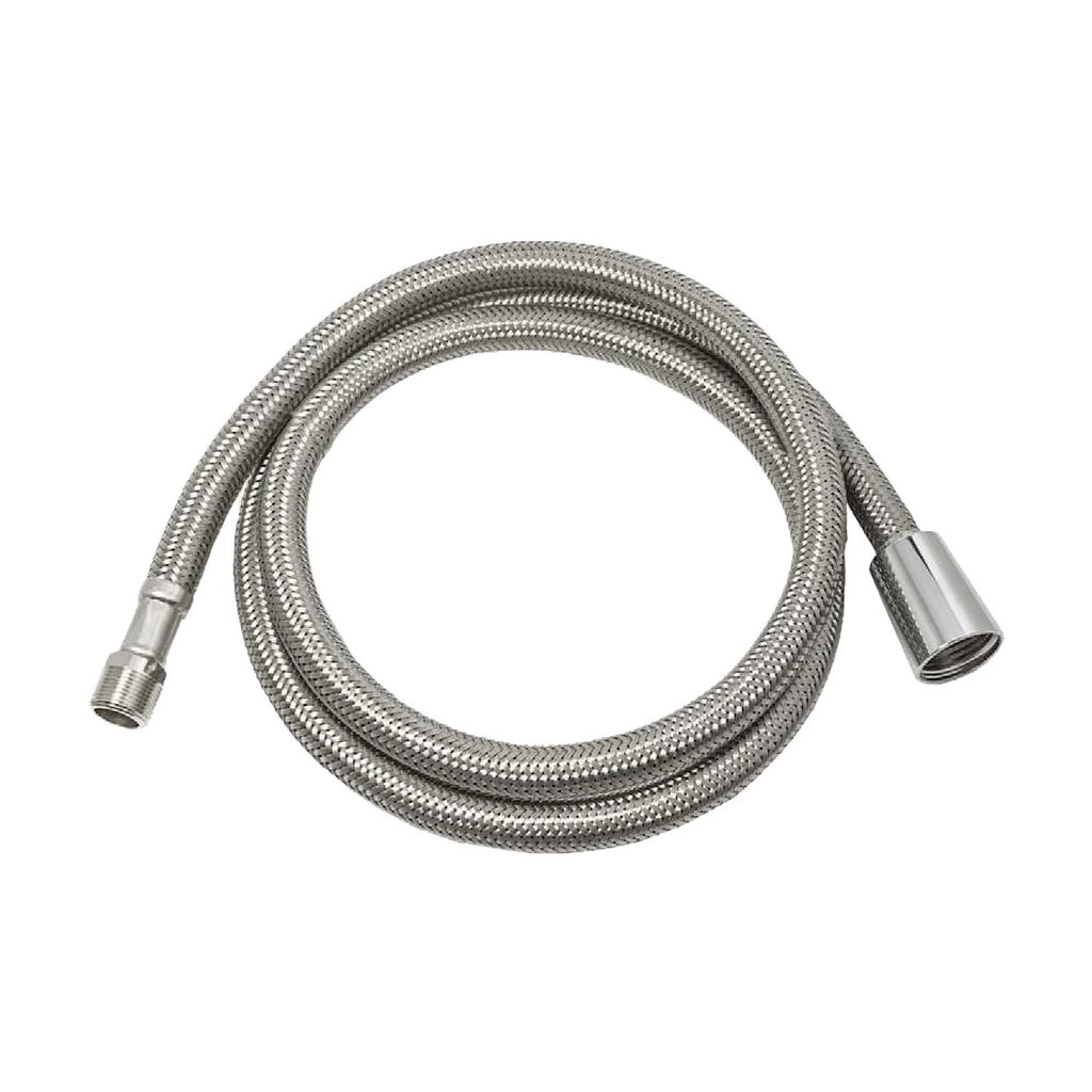 A coiled stainless steel shower hose with connectors on both ends, presented on a white background.