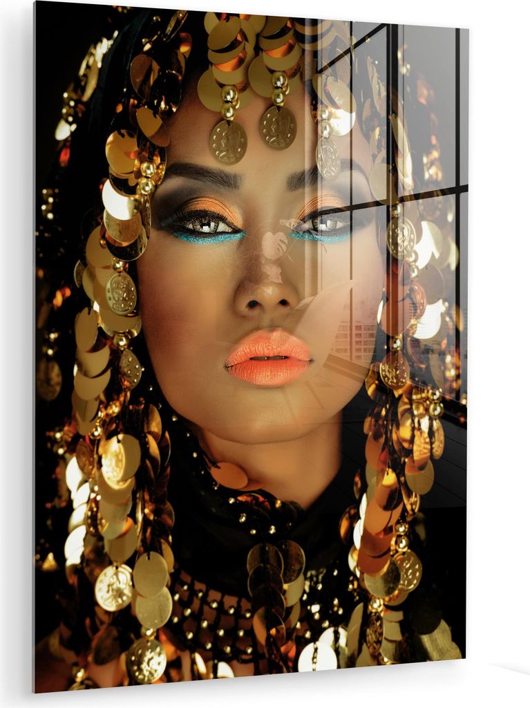 MuchoWow Glasbilder - Bilder auf Wandbild - Foto auf Glas Frau - Kleopatra - Gold - Schmuck - Make-up - Luxus 60x80 cm Wanddekoration aus Glas - Ac...
