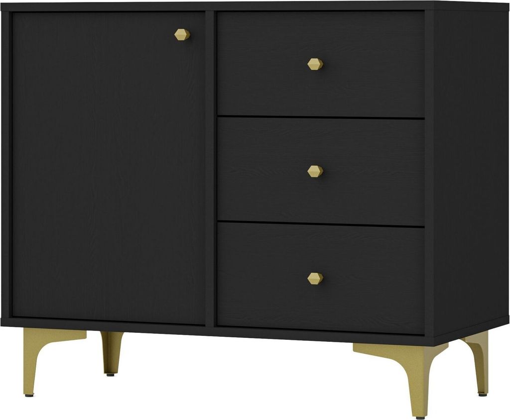 Kommode TOKYO 84 cm, Sideboard mit 3 Schubladen für Wohnzimmer und Schlafzimmer, (Farbe: Schwarz) mit goldenen Beinen