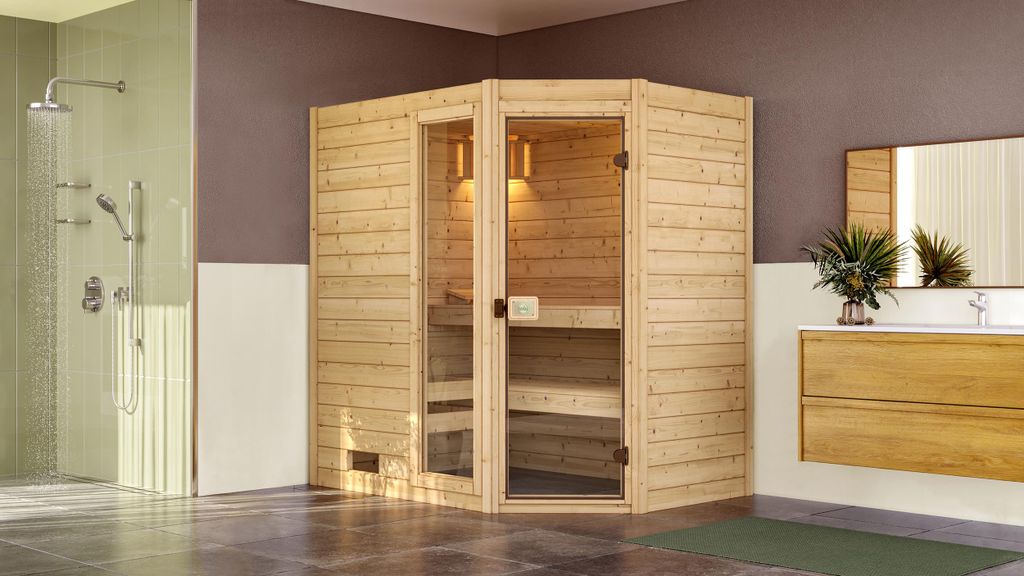weka Massivholzsauna 38 mm VALIDA Eck 1 GTF Sparset 1 inkl. 5,4 kW Kompakt-Ofenset, Sauna-Leuchtenset, Zubehör-Set und Duftkonzentrat x B x T x H ...