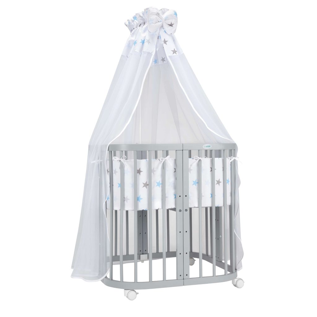 Mobiles Babybett aus Holz 7in1 mit Matratze, mitwachsend,Stoffe Sterne blau,Holz grau
