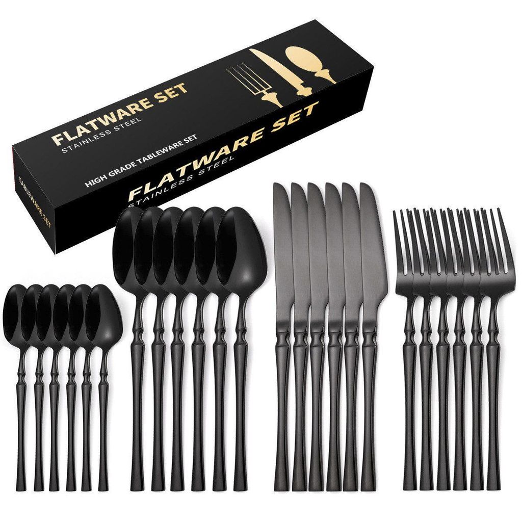 24 Stück Besteck Set, Essbesteck Set für 6 Personen,Edelstahl, Spülmaschinenfes, Schwarz