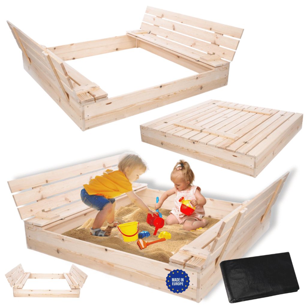 MODO24 Sandkasten Holz, mit Deckel, Sitzbänken, Holzsandkasten, Kinder Gartenspielzeug, Outdoor, 140x137 cm, Natur unbehandelt, PIA