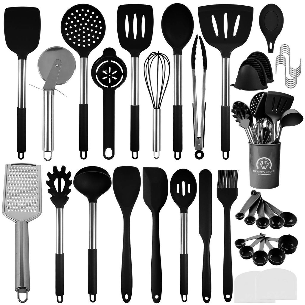 45 Stück Küchenhelfer Set aus Silikon, Spülmaschinenfest, Kochutensilien Set mit Utensilienhalter, Antihaft Hitzebeständiger Küchenset (Schwarz)