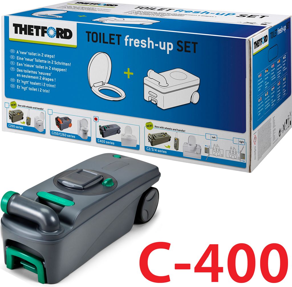 A product box for a Thetford toilet fresh-up set, with a cassette toilet shown in the foreground.