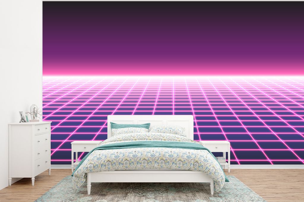 MuchoWow Fototapete für Wohnzimmer oder Schlafzimmer Wandtapete Vinyl Motivtapete Spiele - Retro - Neon - 320x240 cm - Tapeten