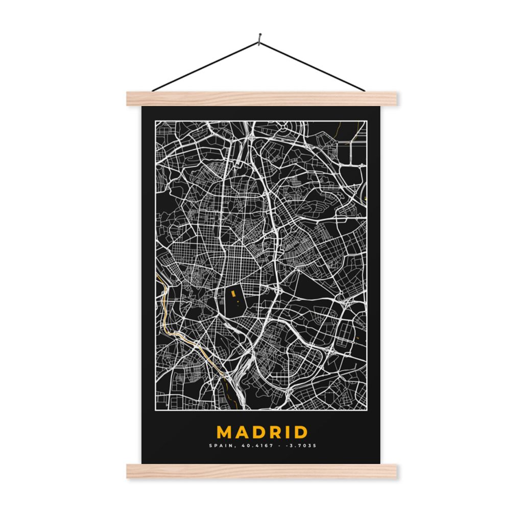 MuchoWow Textilposter Madrid - Gold - Karte - Stadtplan 60x90 cm mit holzfarbenen Rahmen - Textil