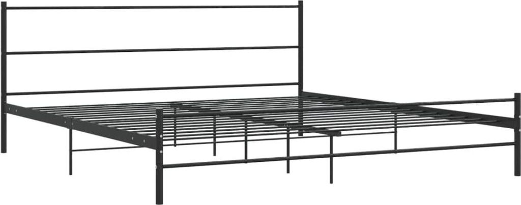 A black metal bed frame is shown against a white background.