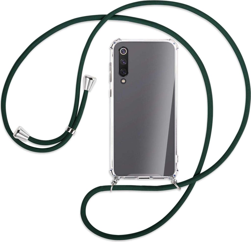 Handykette Backcover-Schutzhülle mit Band (Metall silberfarben) für Xiaomi Mi 9 SE - dunkelgrün