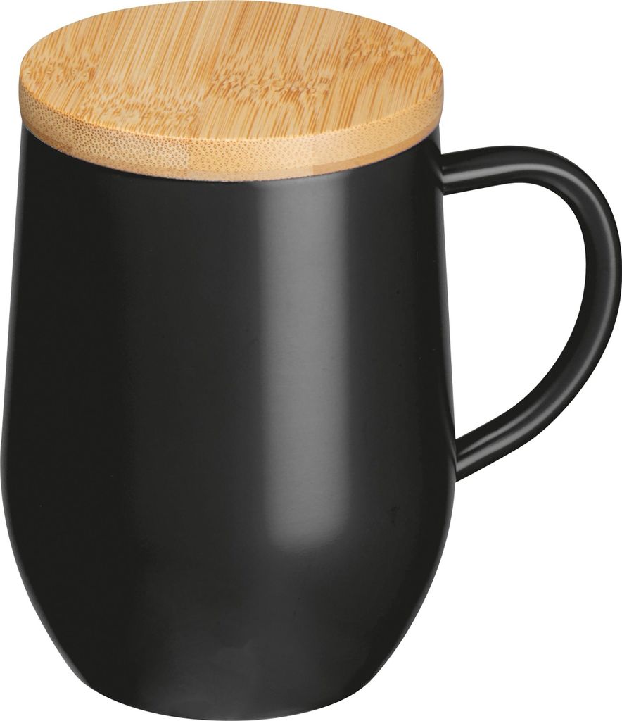 Doppelwandige Edelstahl-Tasse mit Bambusdeckel / 350ml / Farbe: schwarz