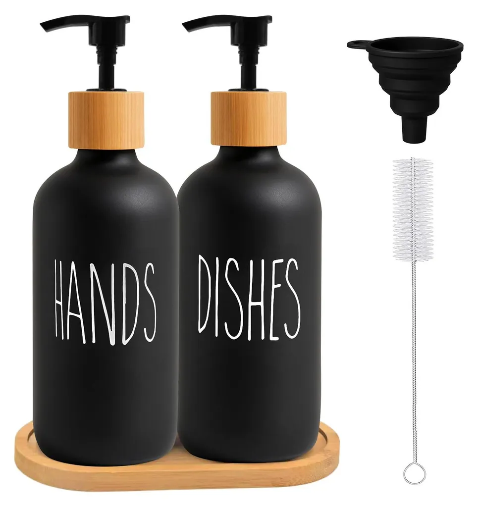 Flacon Shampoing Rechargeable 500ml en Verre Noir avec Pompe Doseuse