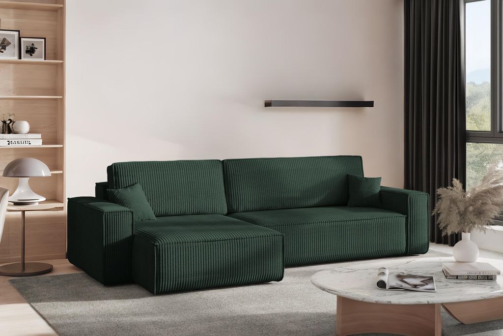 Kaiser Möbel Ecksofa mit schlaffunktion und bettkasten BEST XL, stoff Poso Dicker Cord, Grün, Links
