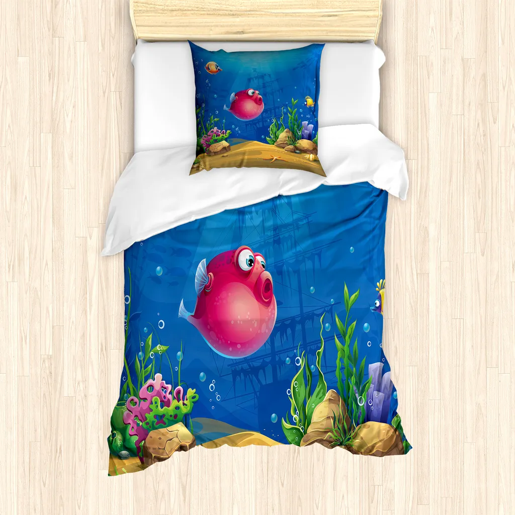 Parure de lit enfant 1 personne motif océan en tissu anti-acariens bleu