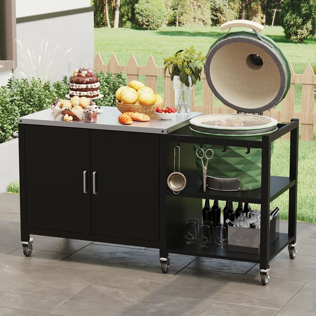 Grillwagen mit Rollen & Stauraum, Outdoor Kücheninsel mit Schrank, Haken & Regalen, BBQ Tisch aus Metall, Schwarz, Eisen, 154,5 × 60 × 87 cm