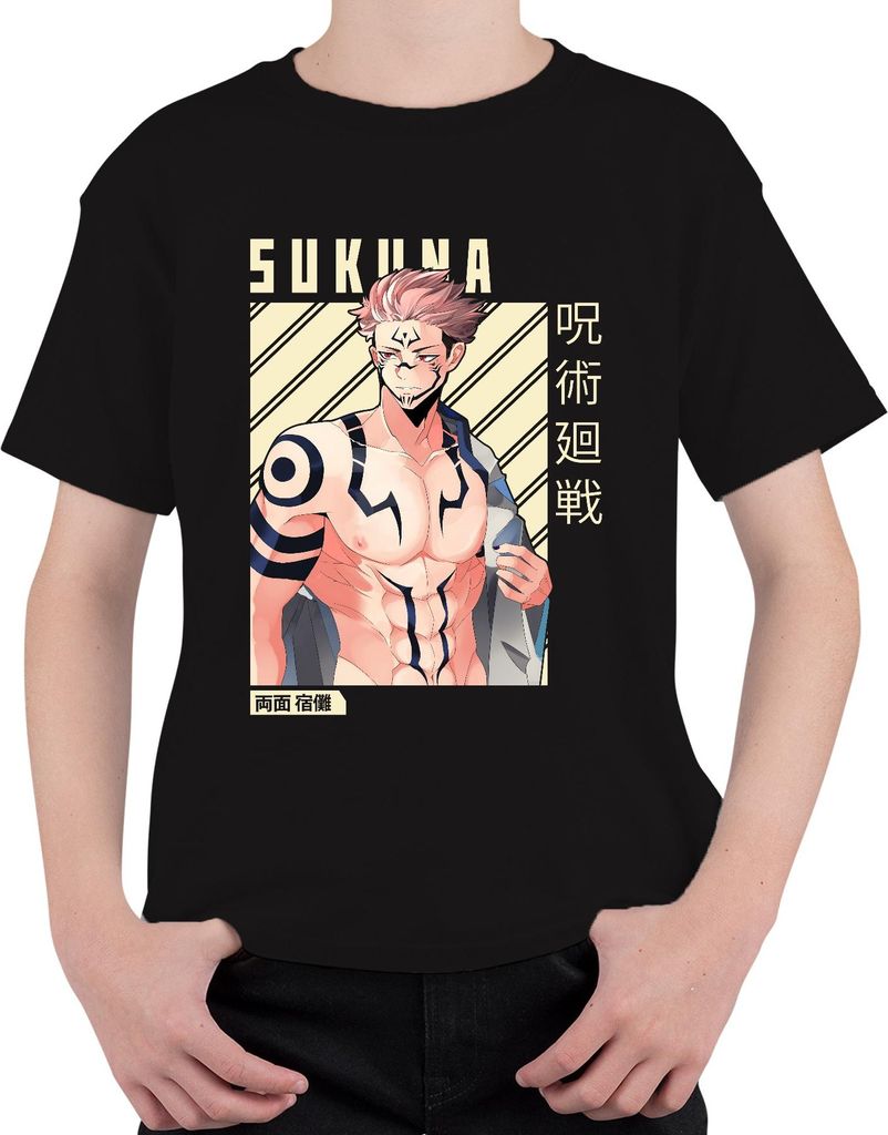 Sukuna Jujutsu Kaisen Fluchkönig Tätowiert Muskel Anime Geschenk Uni Kinder T-Shirt, Schwarz, 128