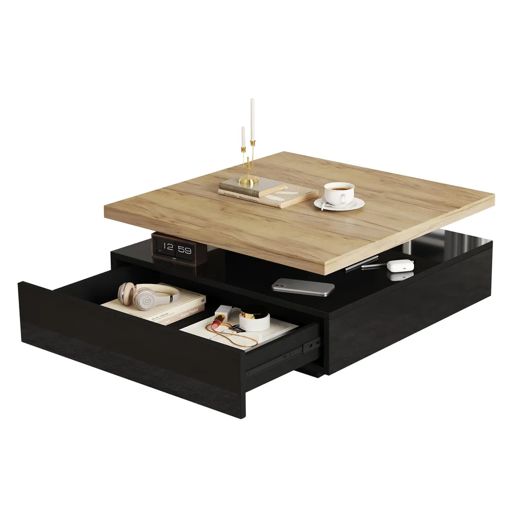 Fortuna Lai Table Basses de Salon Carrée Pivotante en Bois Naturel et Noir