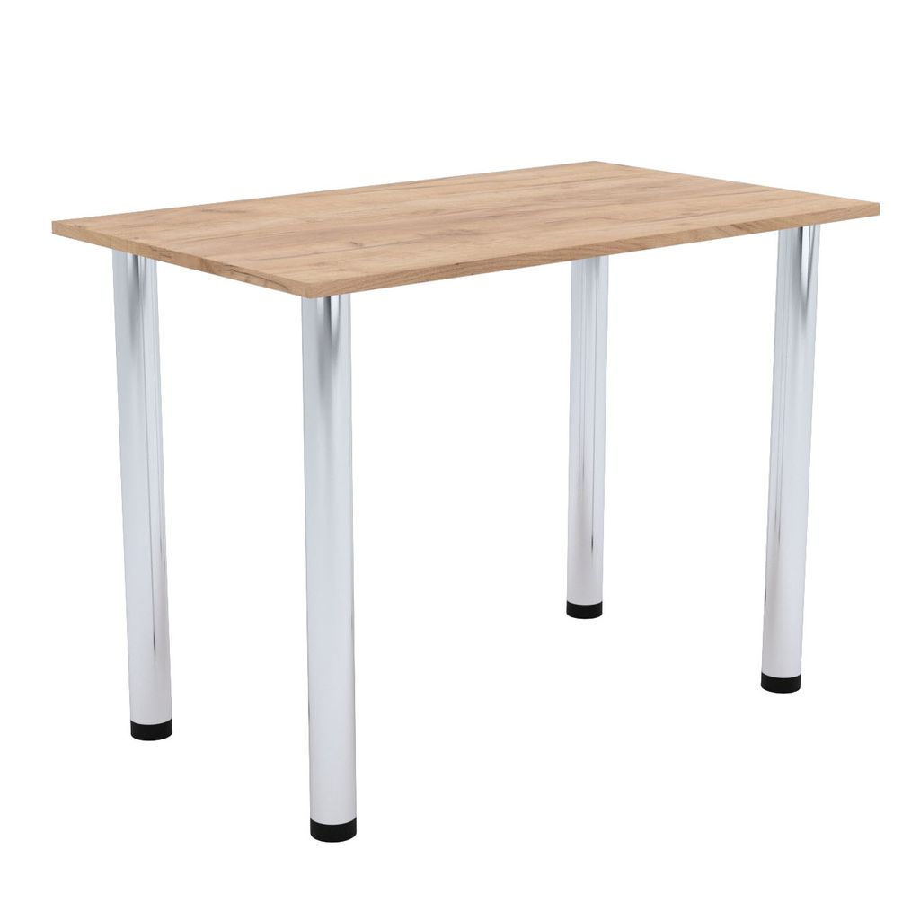 A rectangular table with a wooden top and four silver legs, isolated on a white background.